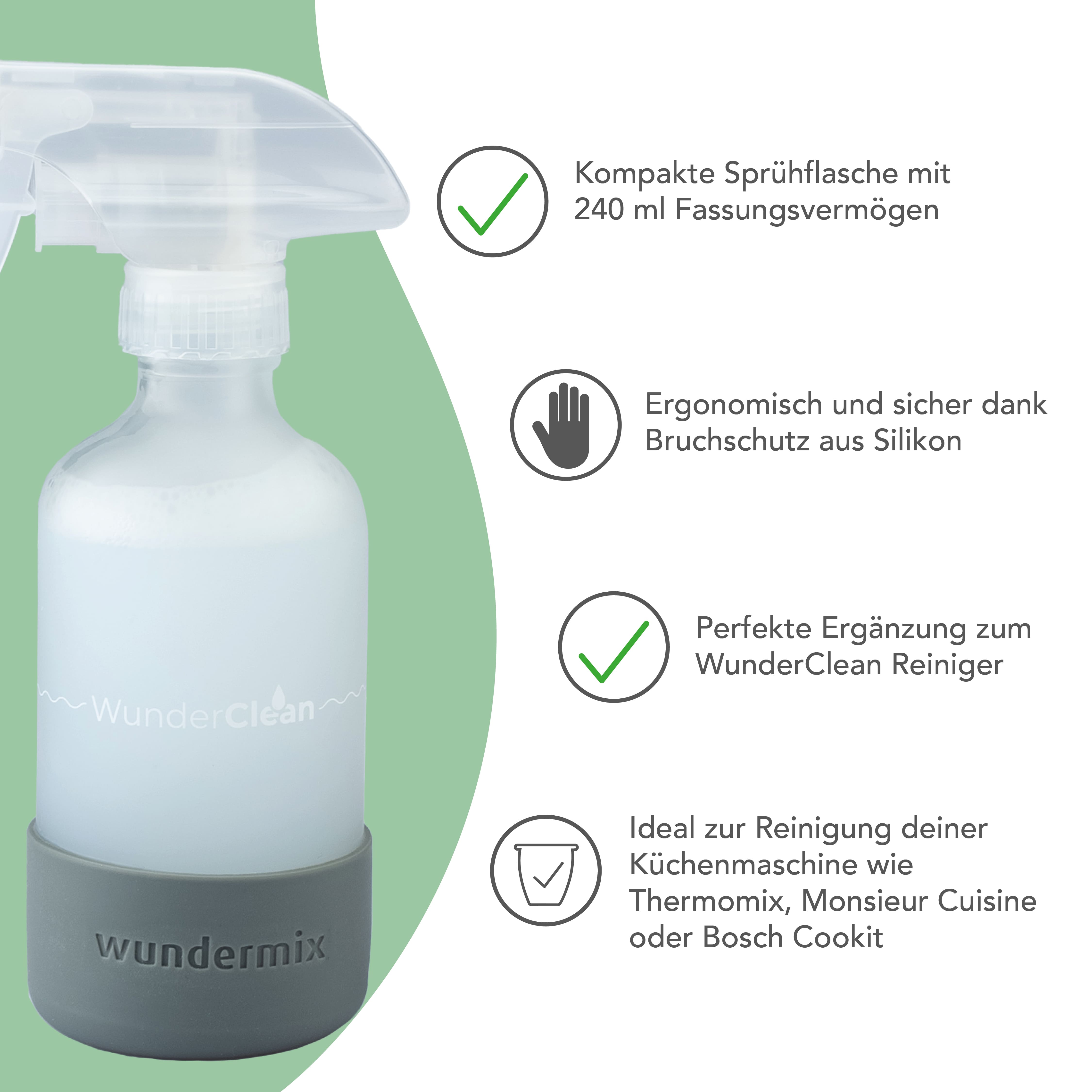 WunderClean Sprühflasche | 240 ml Glasflasche mit Silikon-Bruchschutz für WunderClean Reiniger